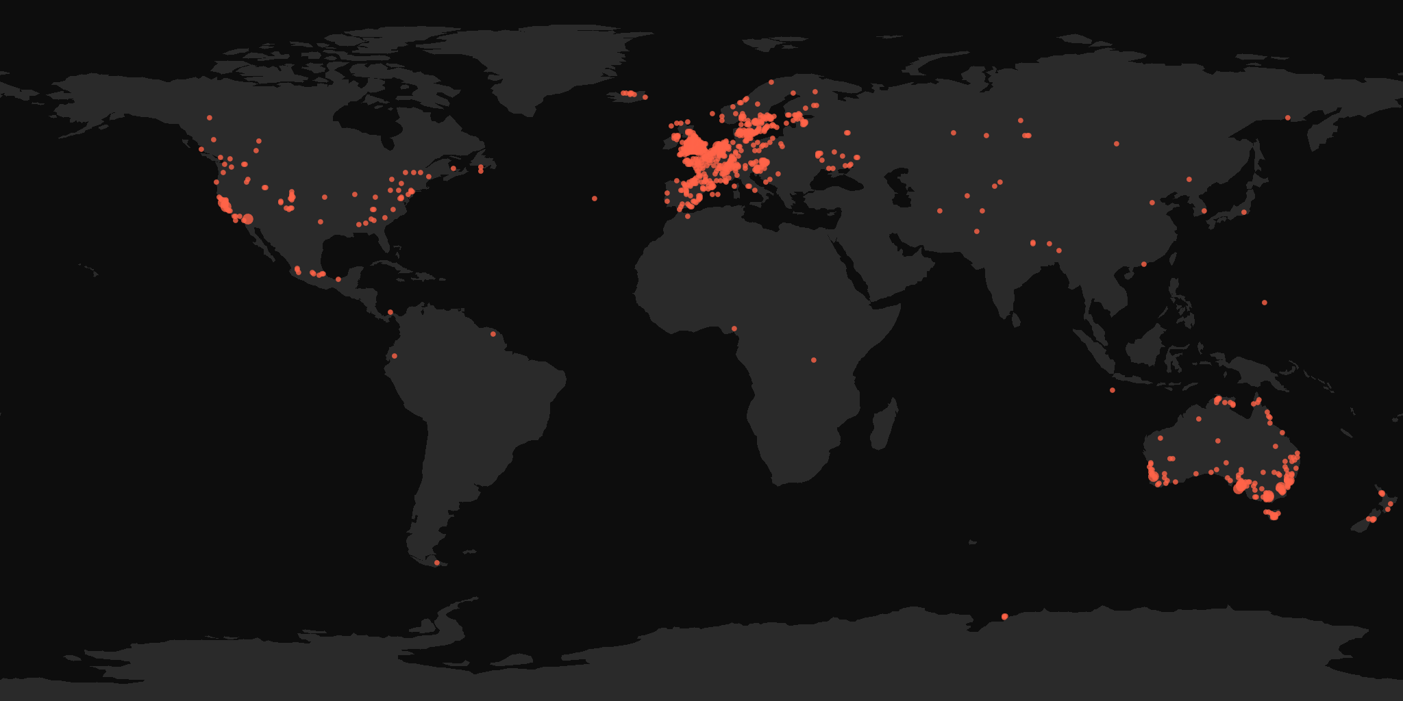 Global distribution map showing reported sightings