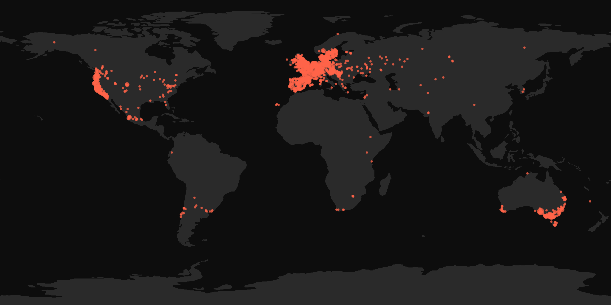 Global distribution map showing reported sightings