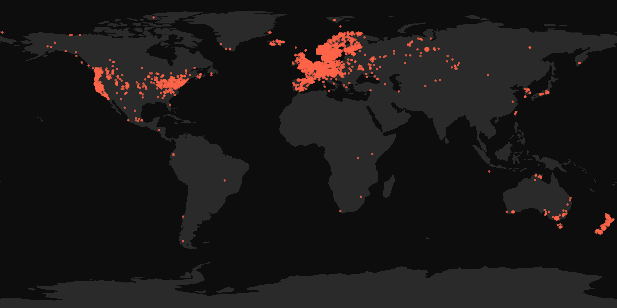 Global distribution map showing reported sightings