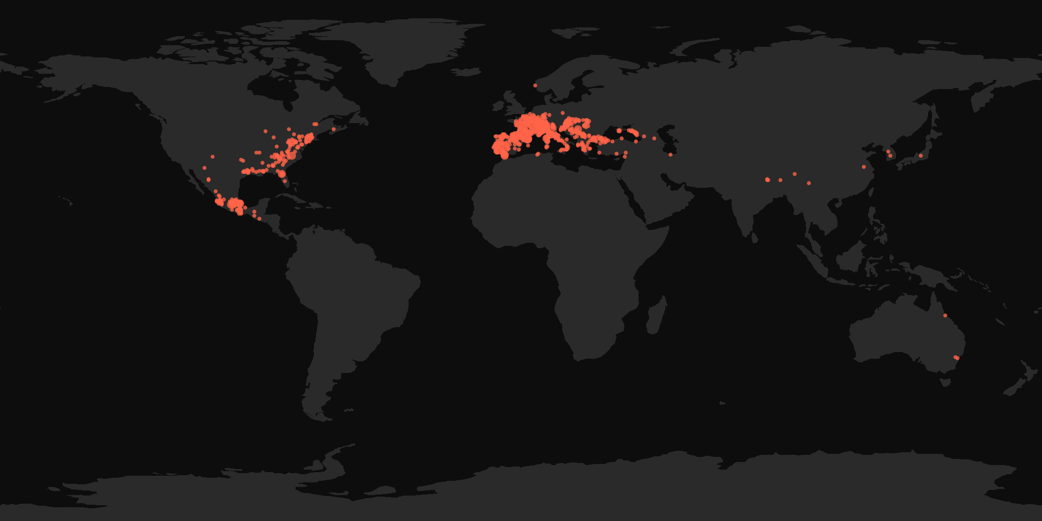 Global distribution map showing reported sightings