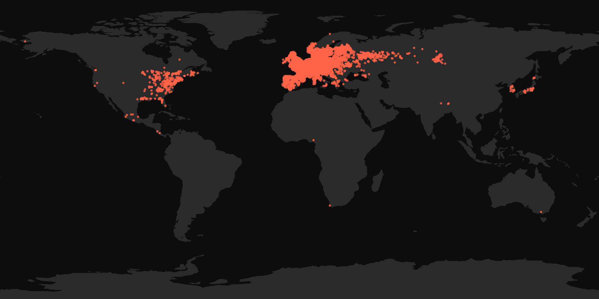 Global distribution map showing reported sightings