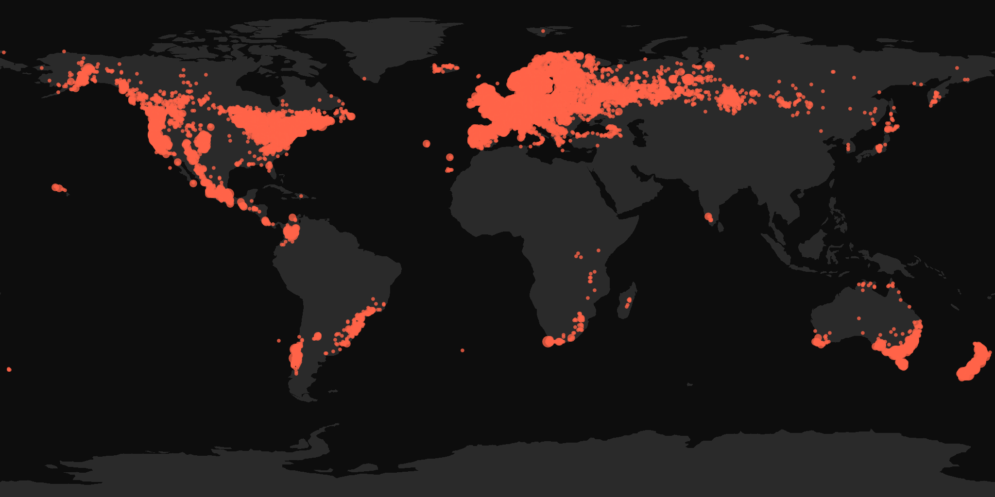 Global distribution map showing reported sightings