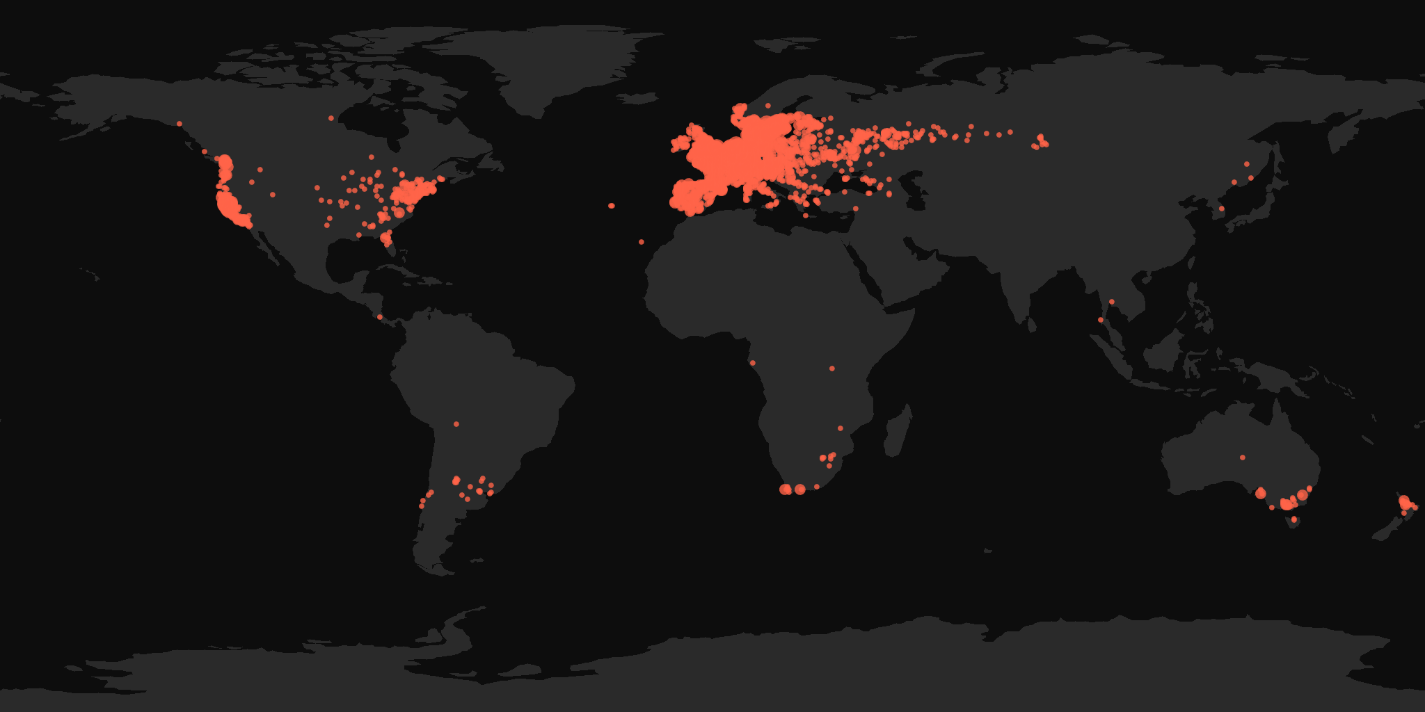 Global distribution map showing reported sightings