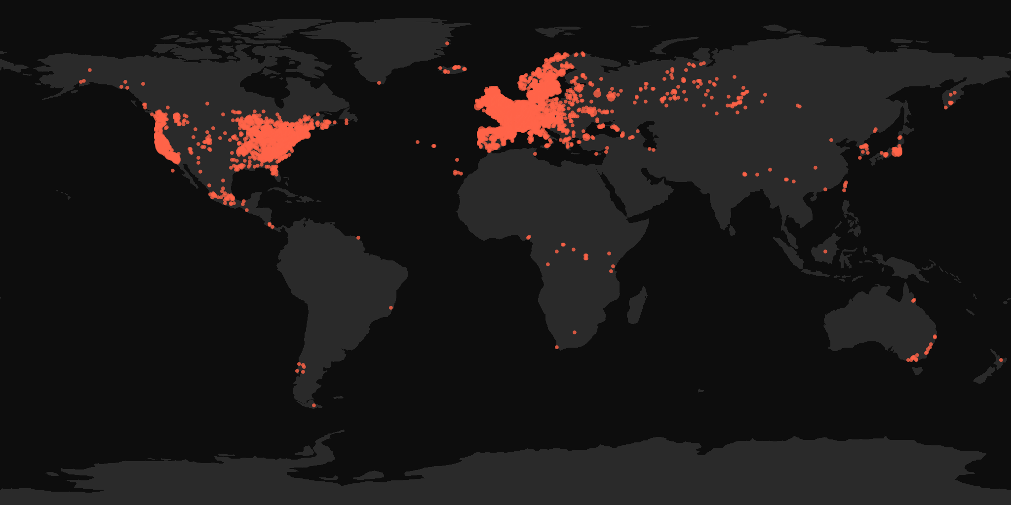 Global distribution map showing reported sightings