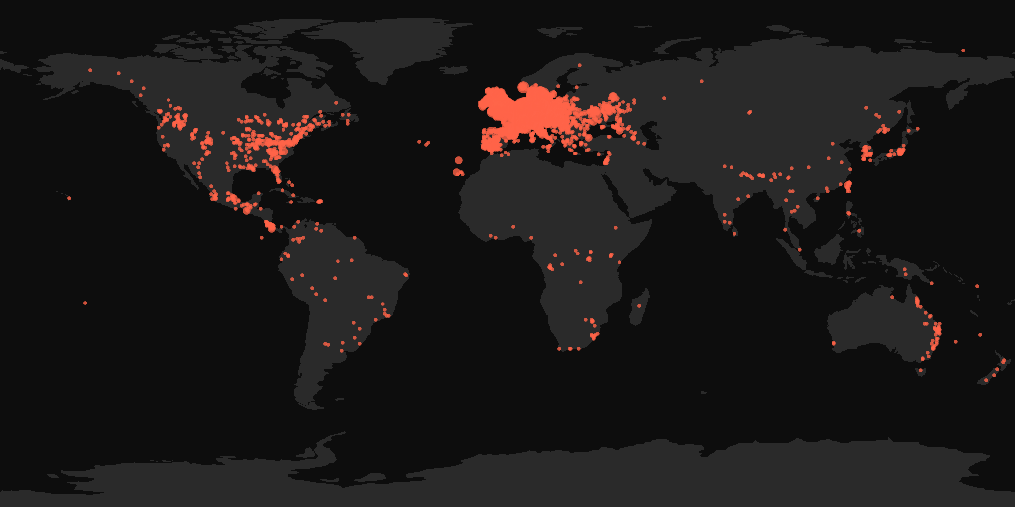 Global distribution map showing reported sightings