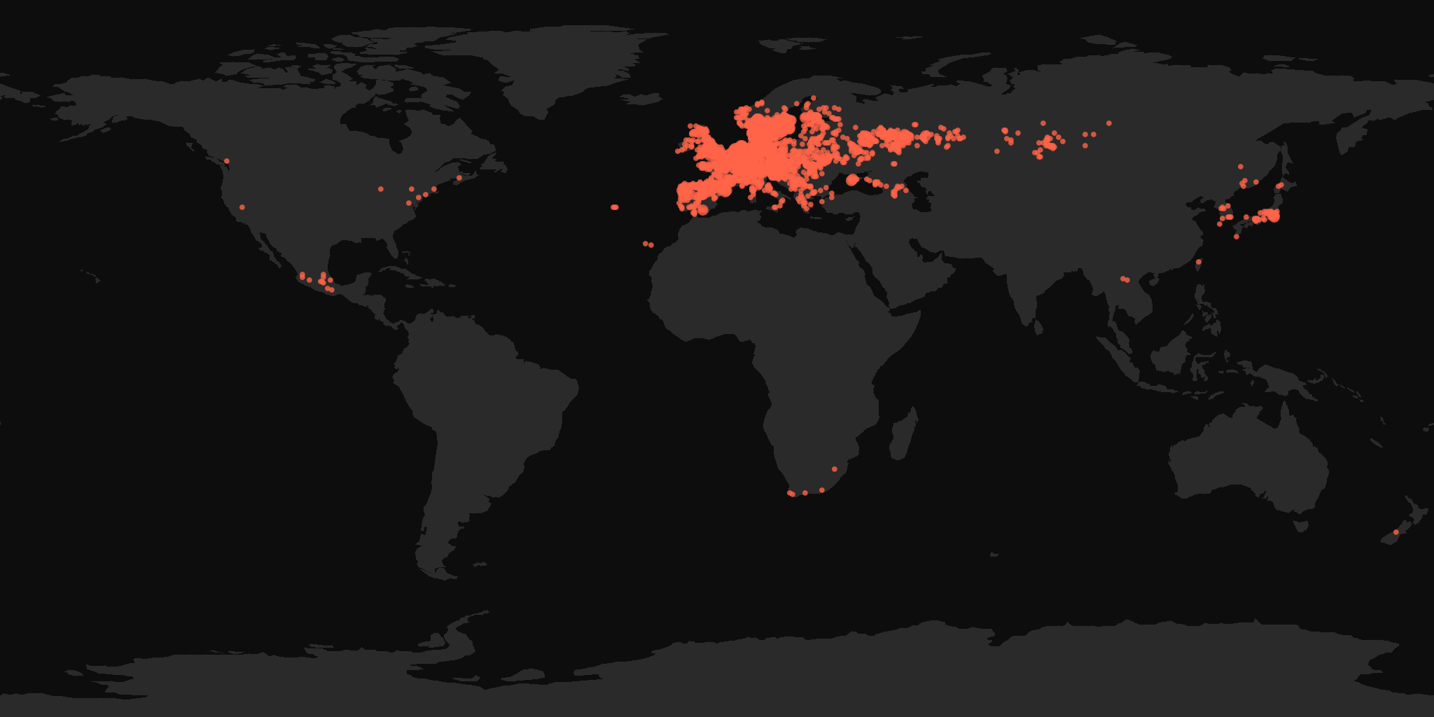 Global distribution map showing reported sightings