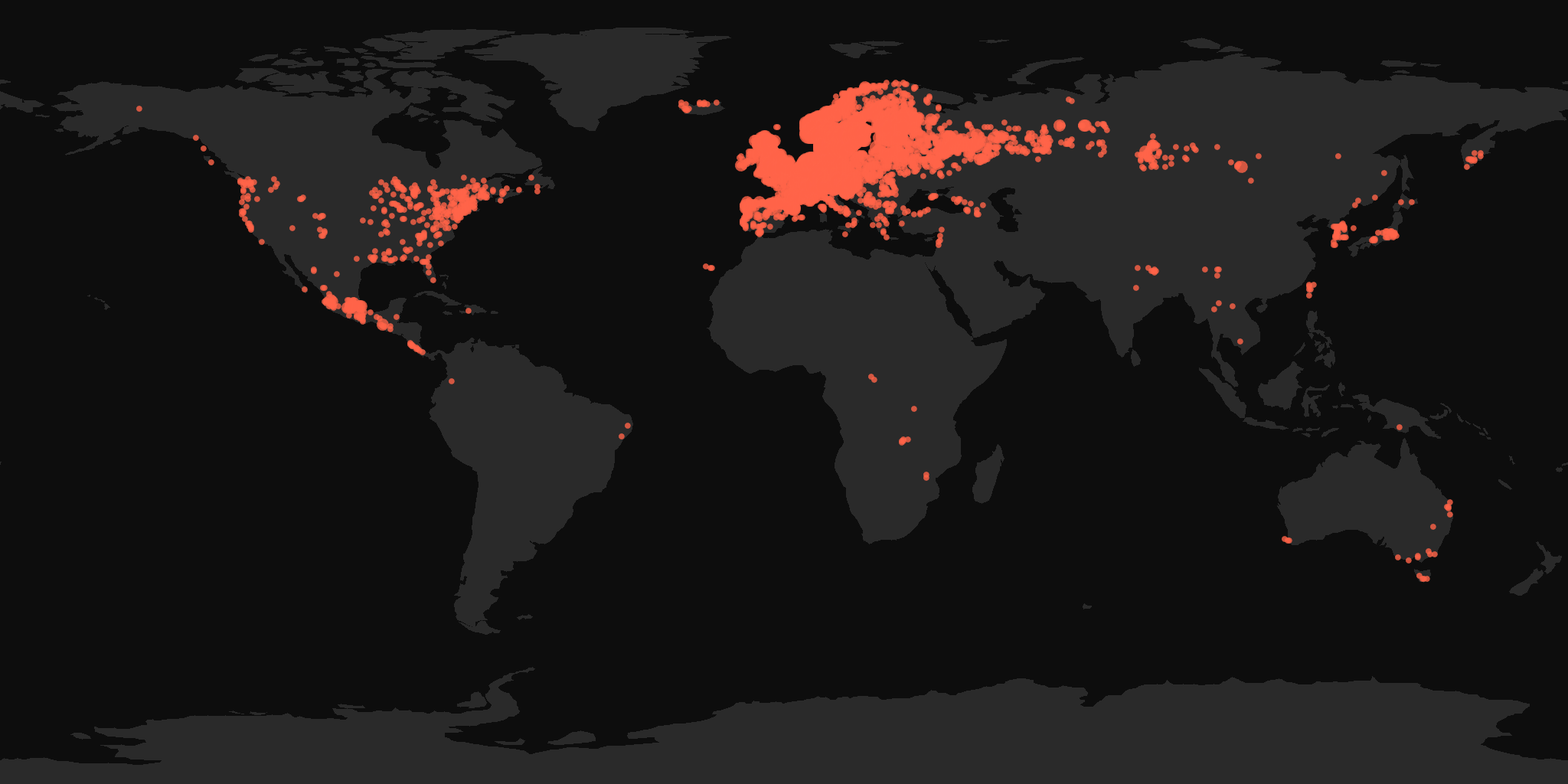 Global distribution map showing reported sightings