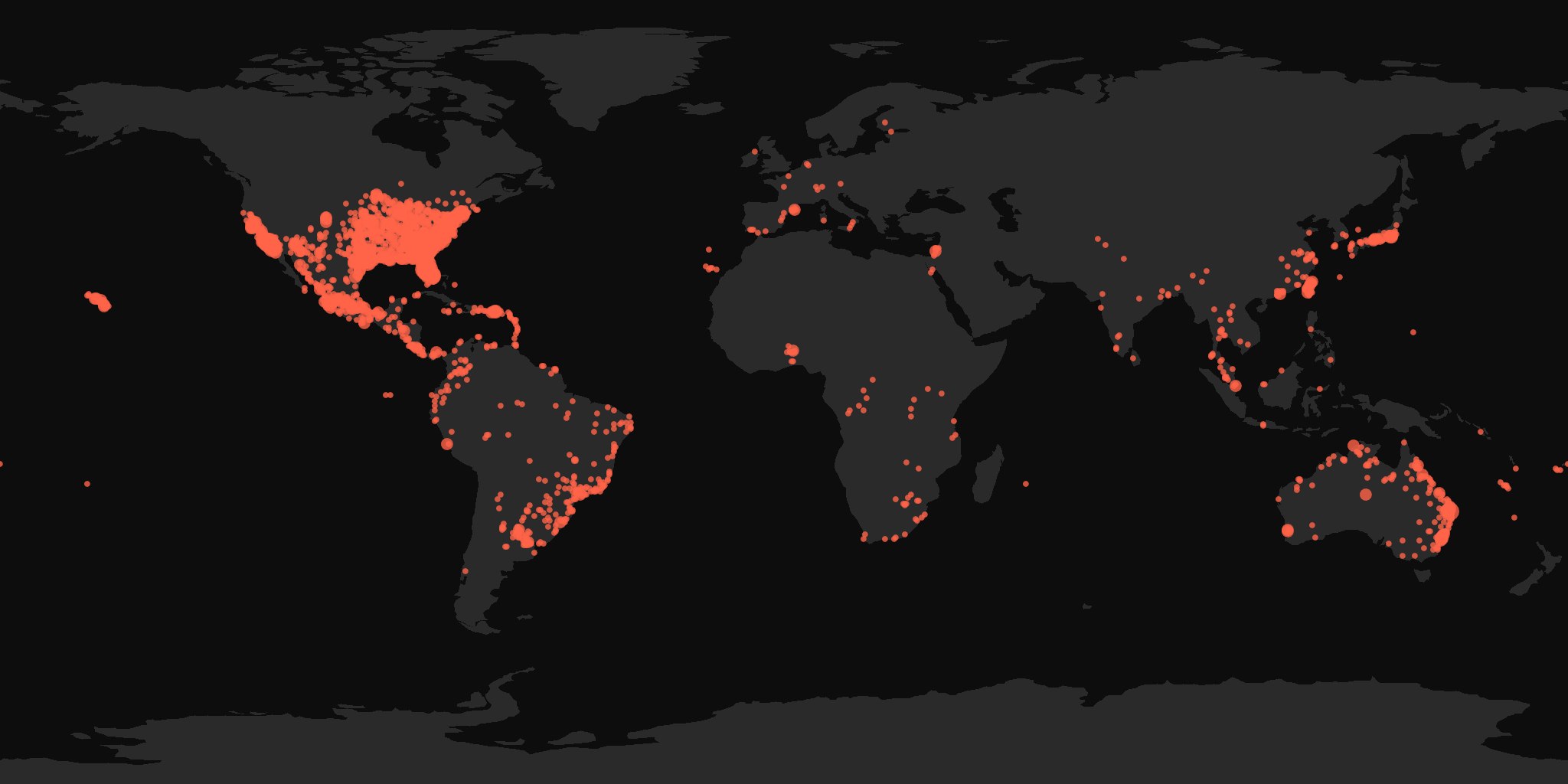 Global distribution map showing reported sightings