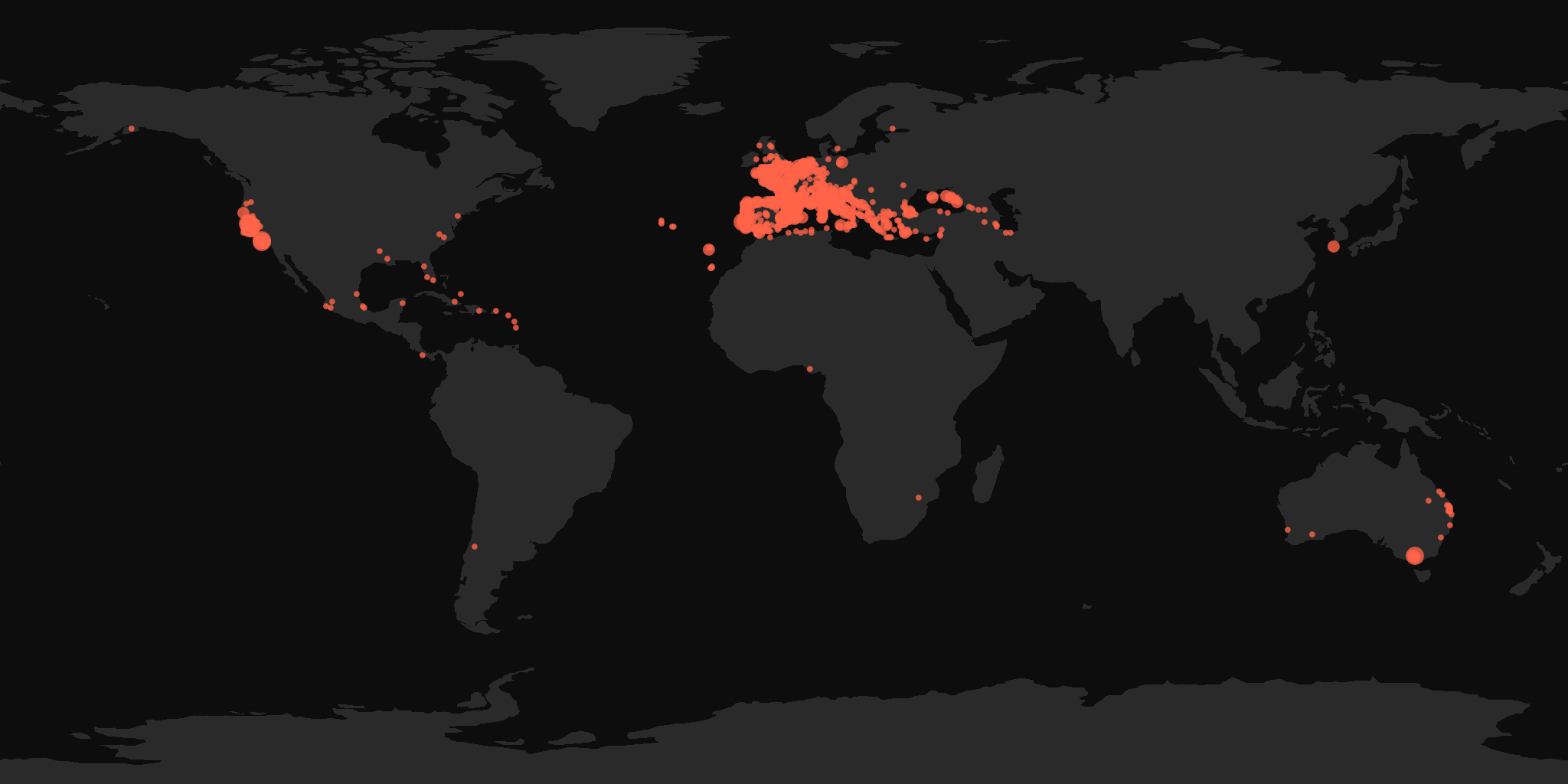 Global distribution map showing reported sightings