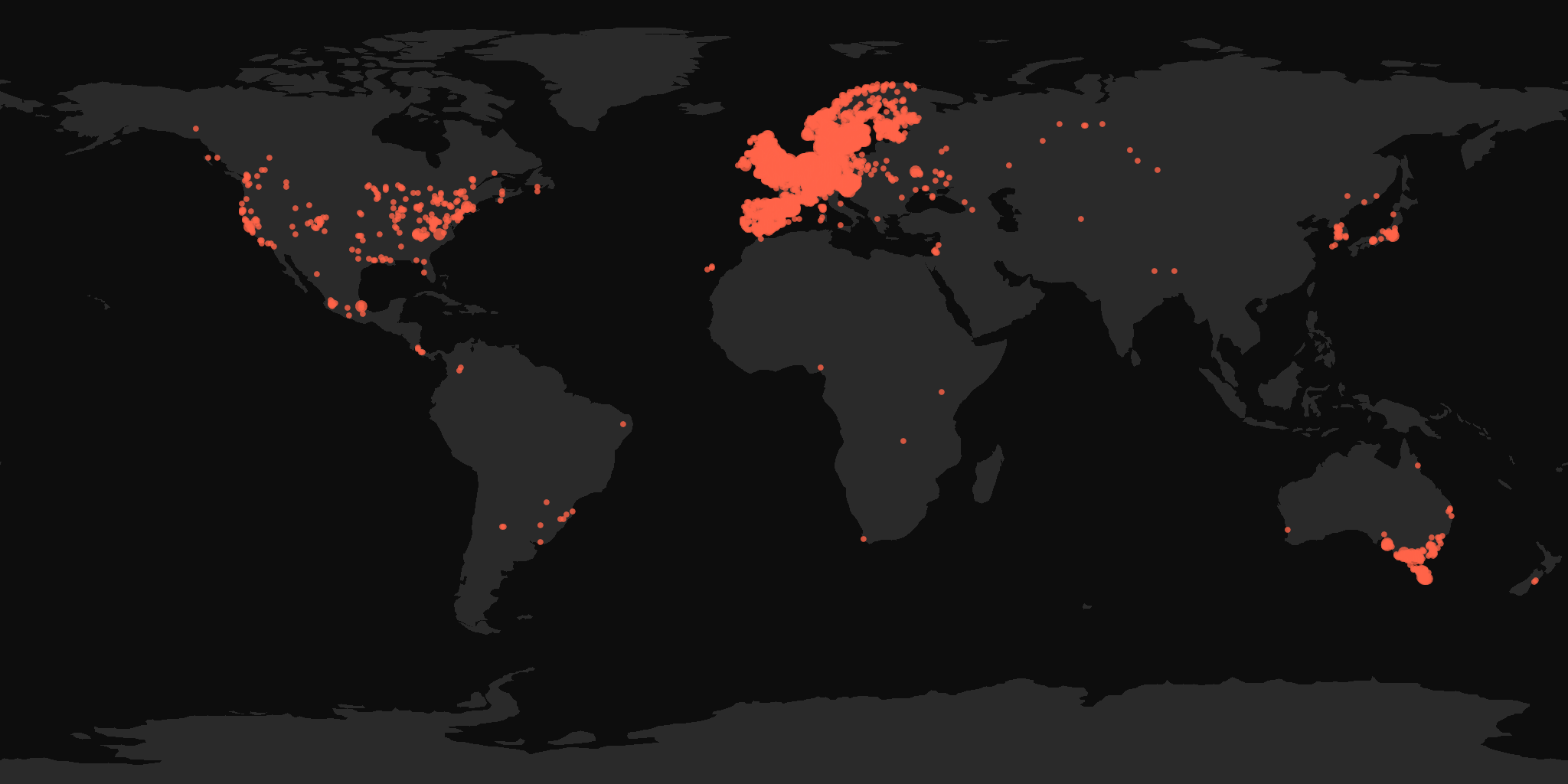 Global distribution map showing reported sightings