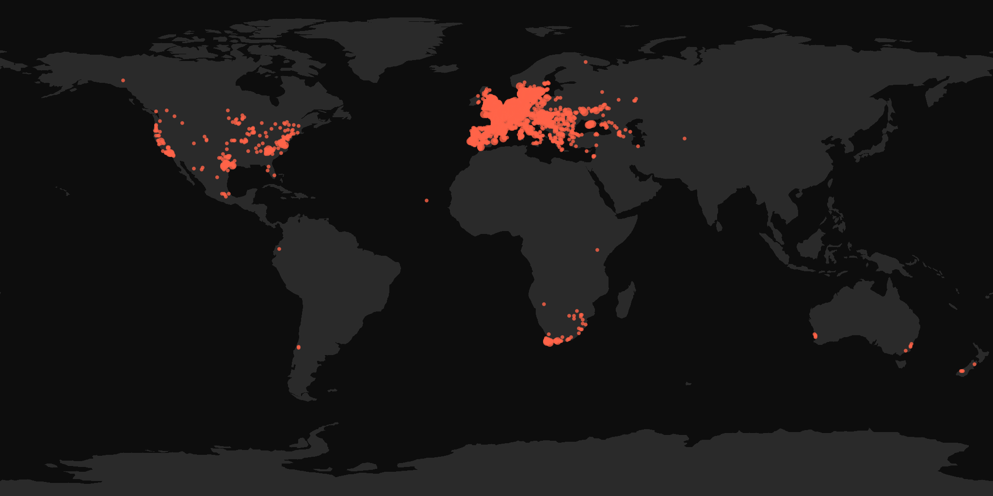 Global distribution map showing reported sightings