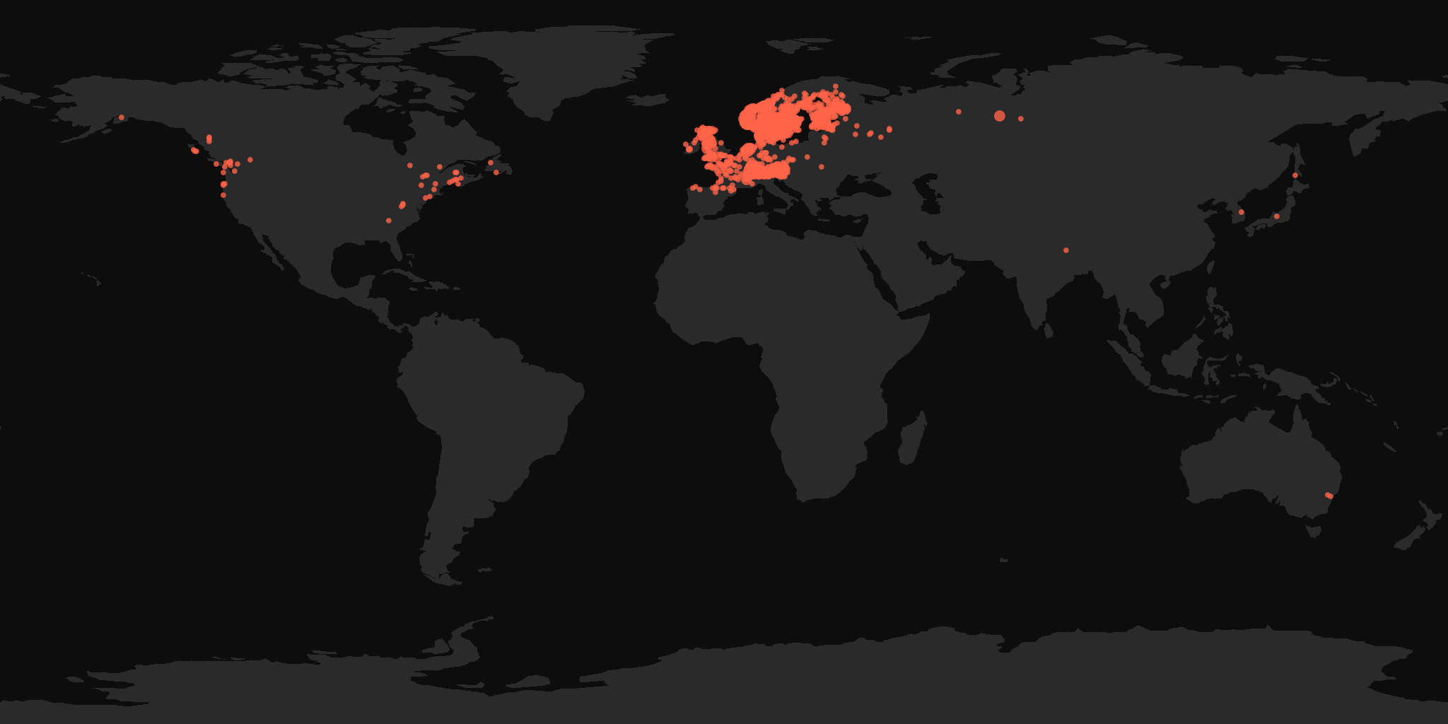 Global distribution map showing reported sightings