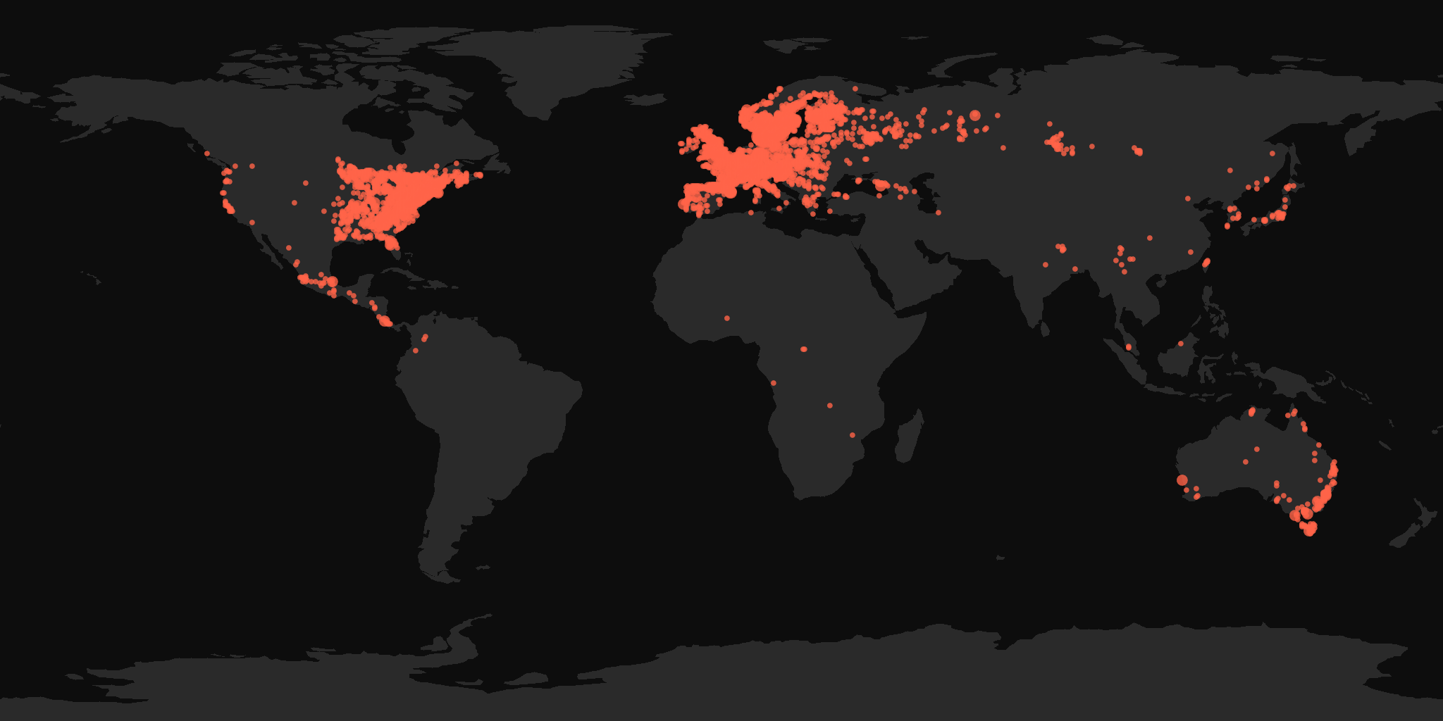 Global distribution map showing reported sightings