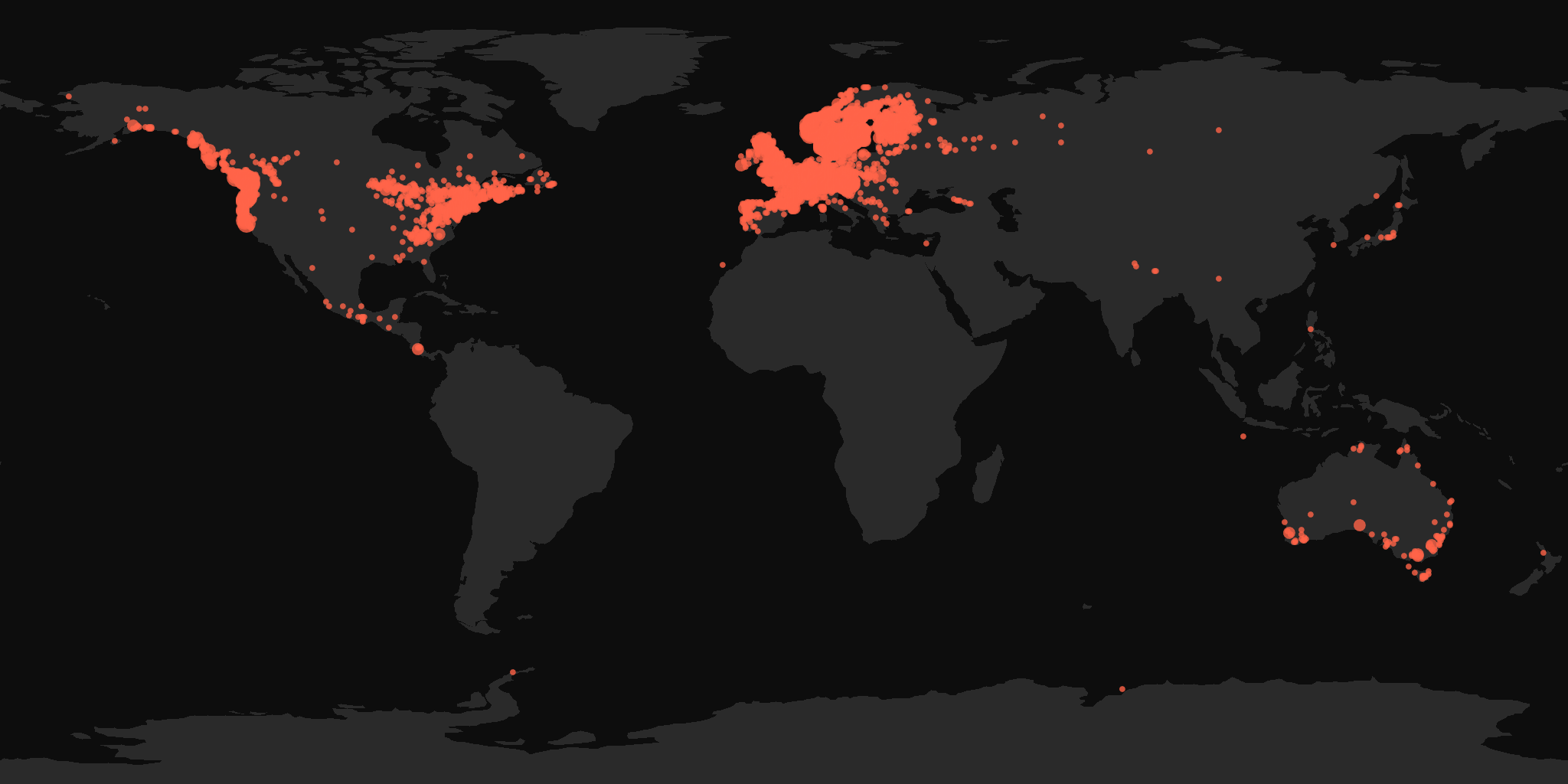 Global distribution map showing reported sightings