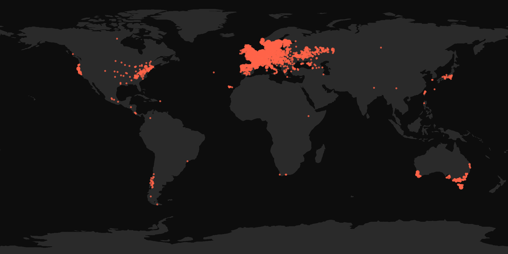 Global distribution map showing reported sightings