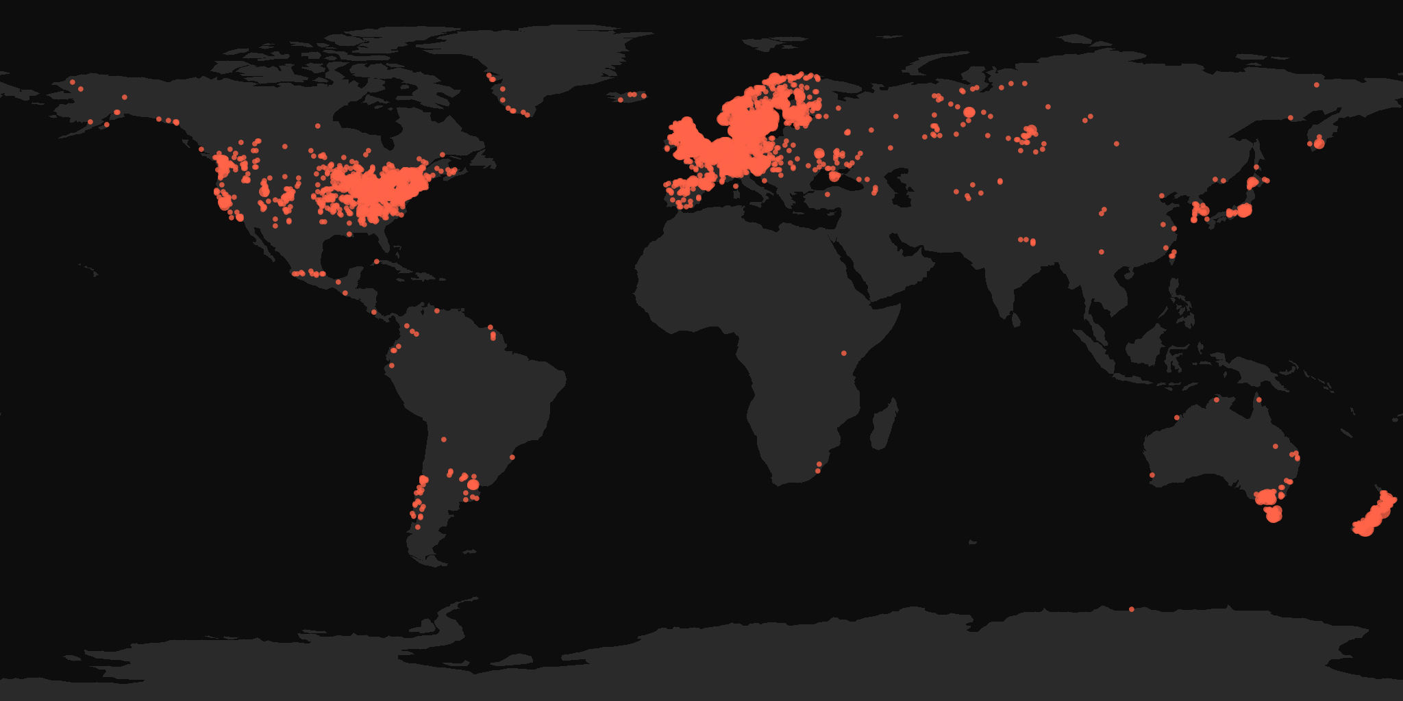 Global distribution map showing reported sightings
