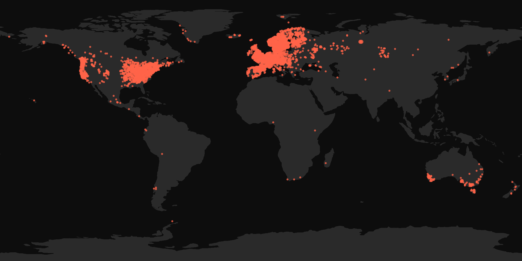 Global distribution map showing reported sightings