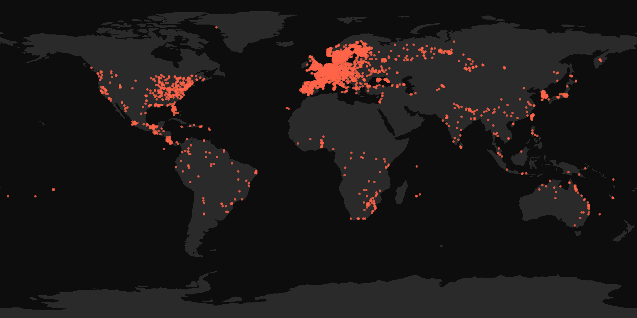 Global distribution map showing reported sightings
