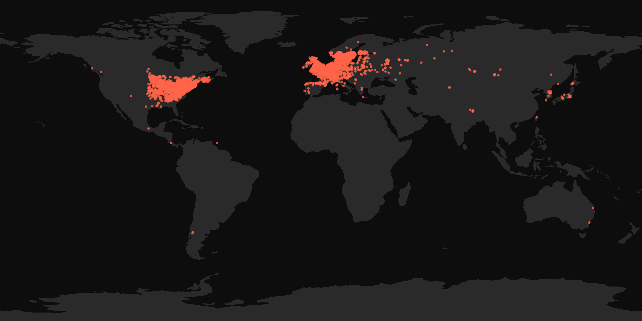 Global distribution map showing reported sightings