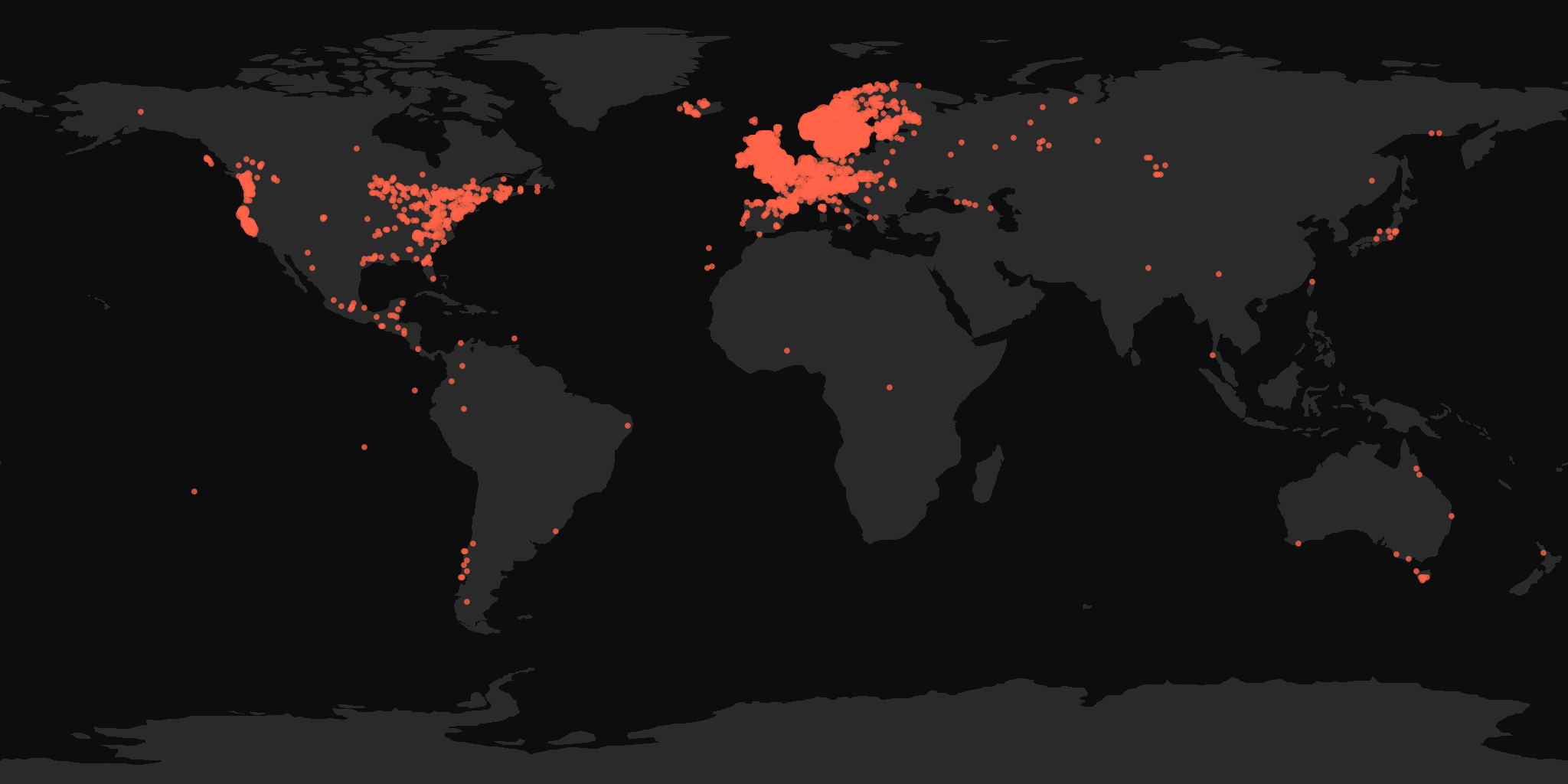 Global distribution map showing reported sightings