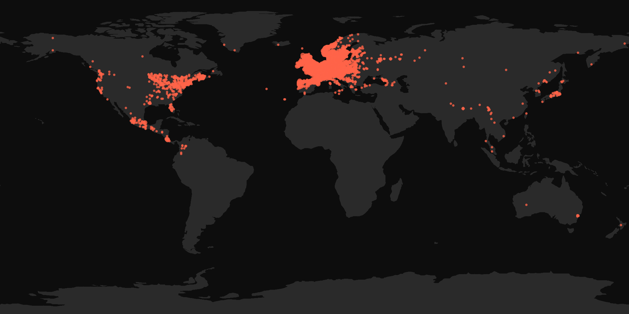 Global distribution map showing reported sightings