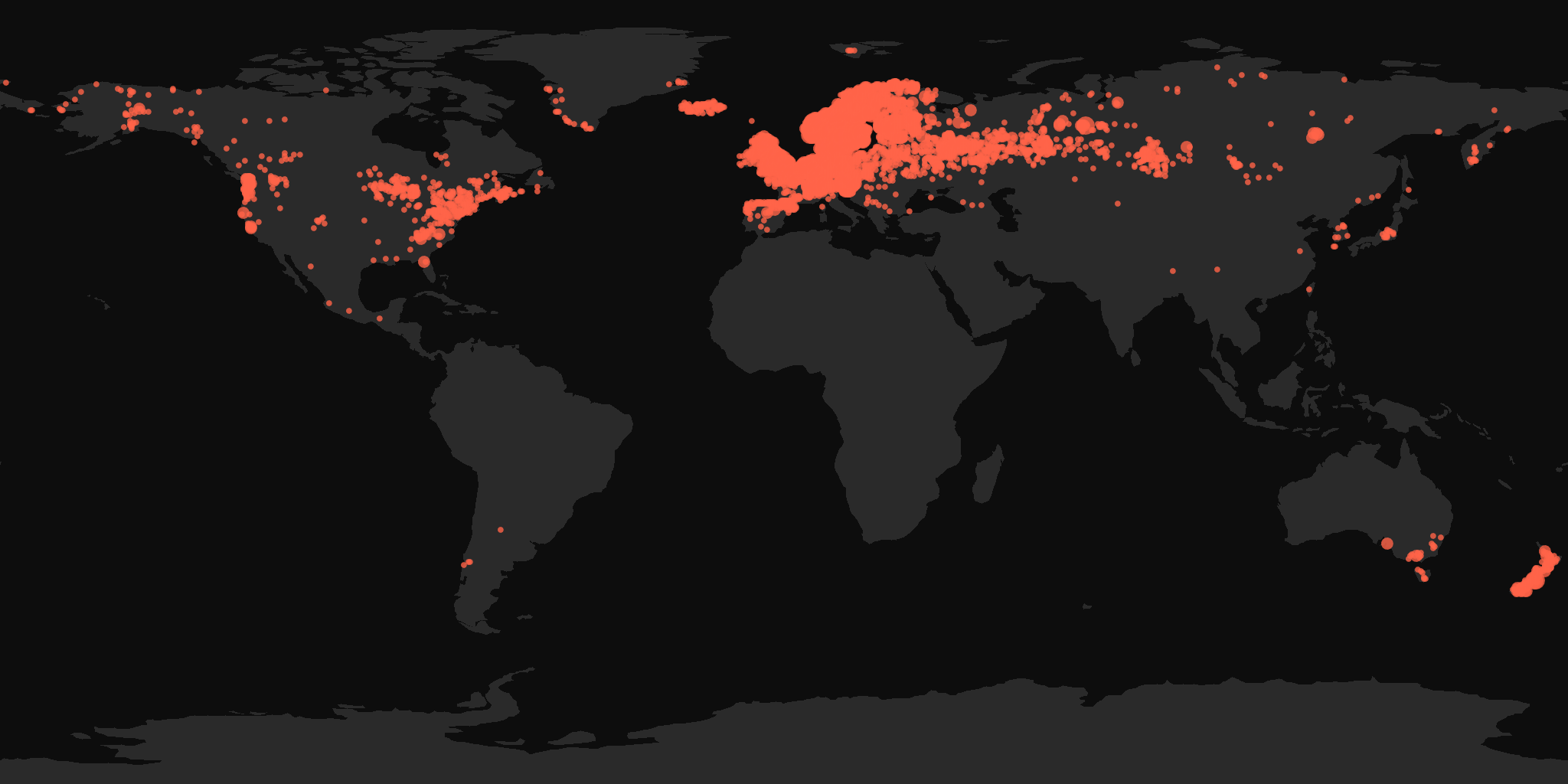 Global distribution map showing reported sightings