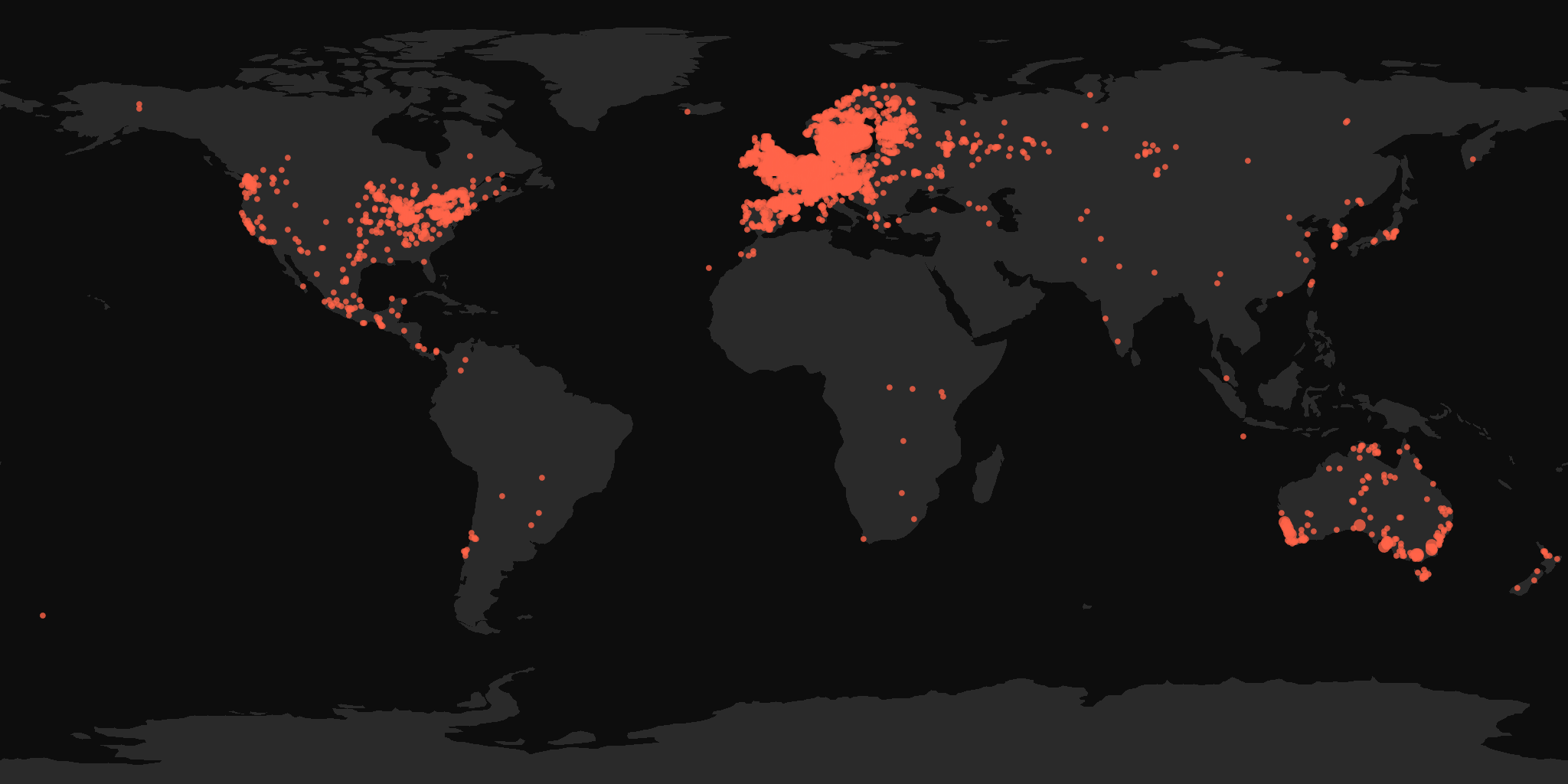 Global distribution map showing reported sightings