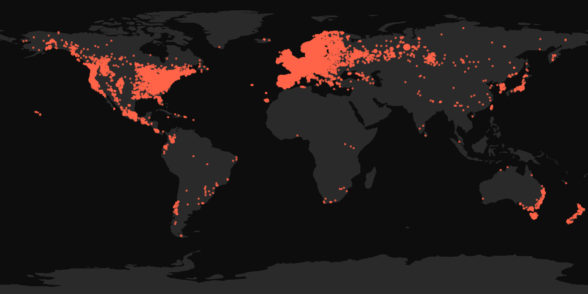 Global distribution map showing reported sightings