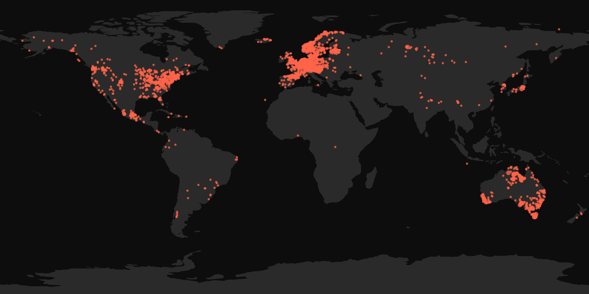 Global distribution map showing reported sightings