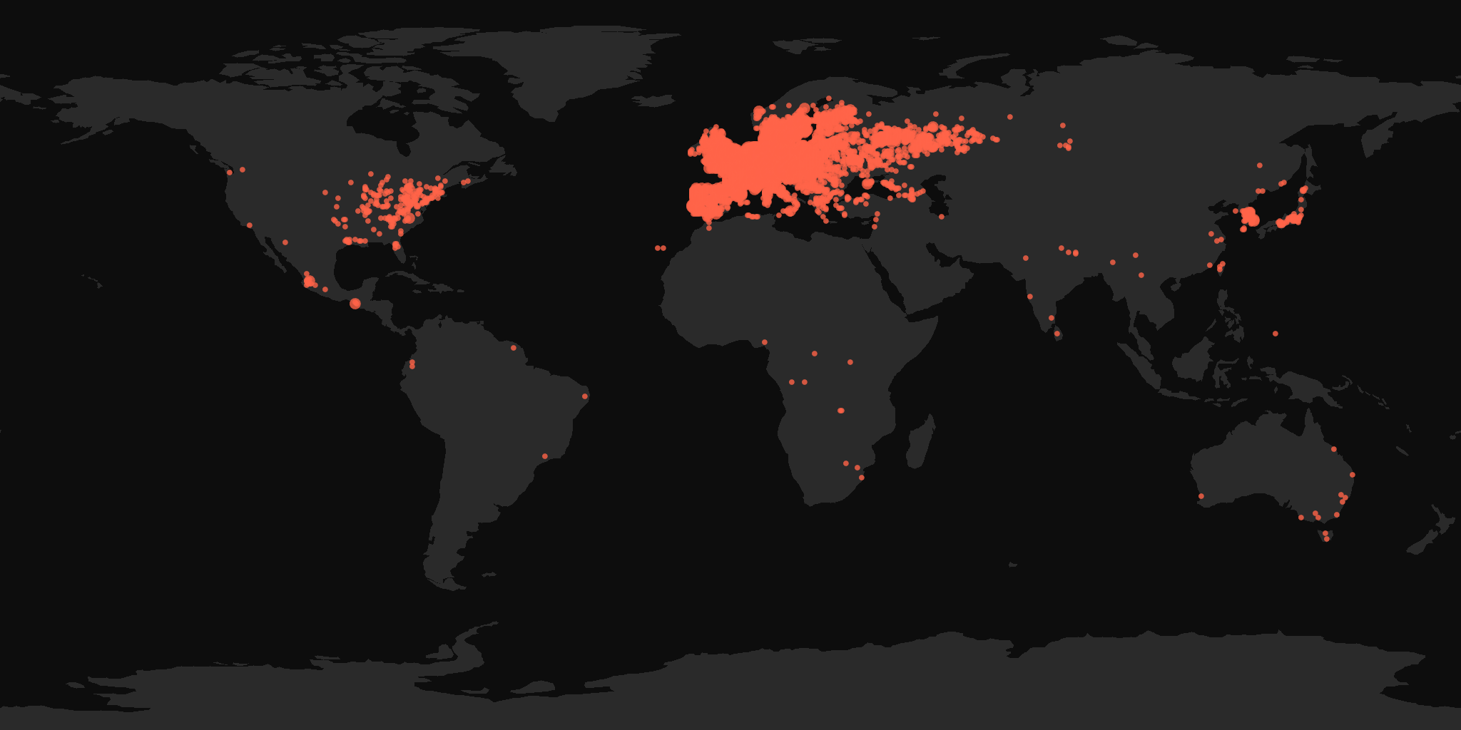Global distribution map showing reported sightings