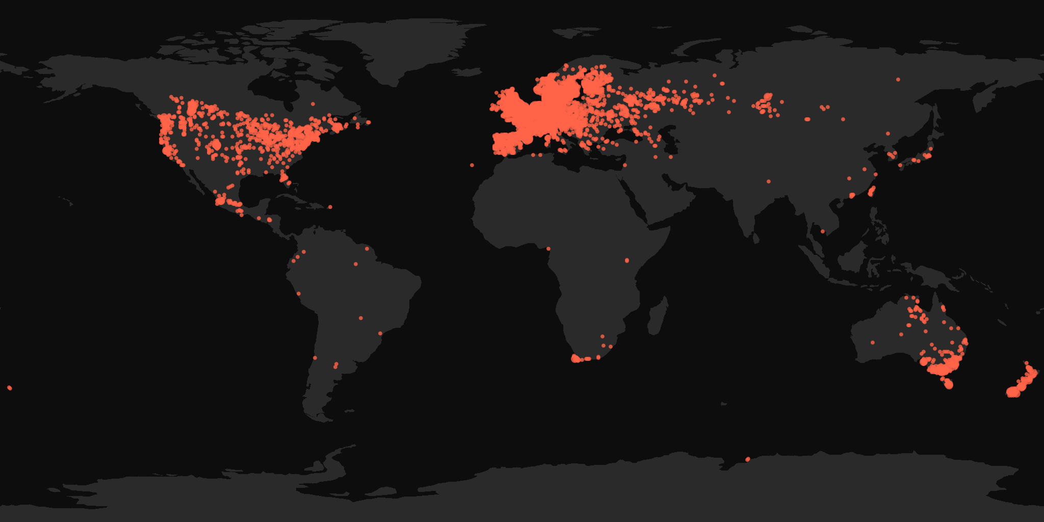 Global distribution map showing reported sightings