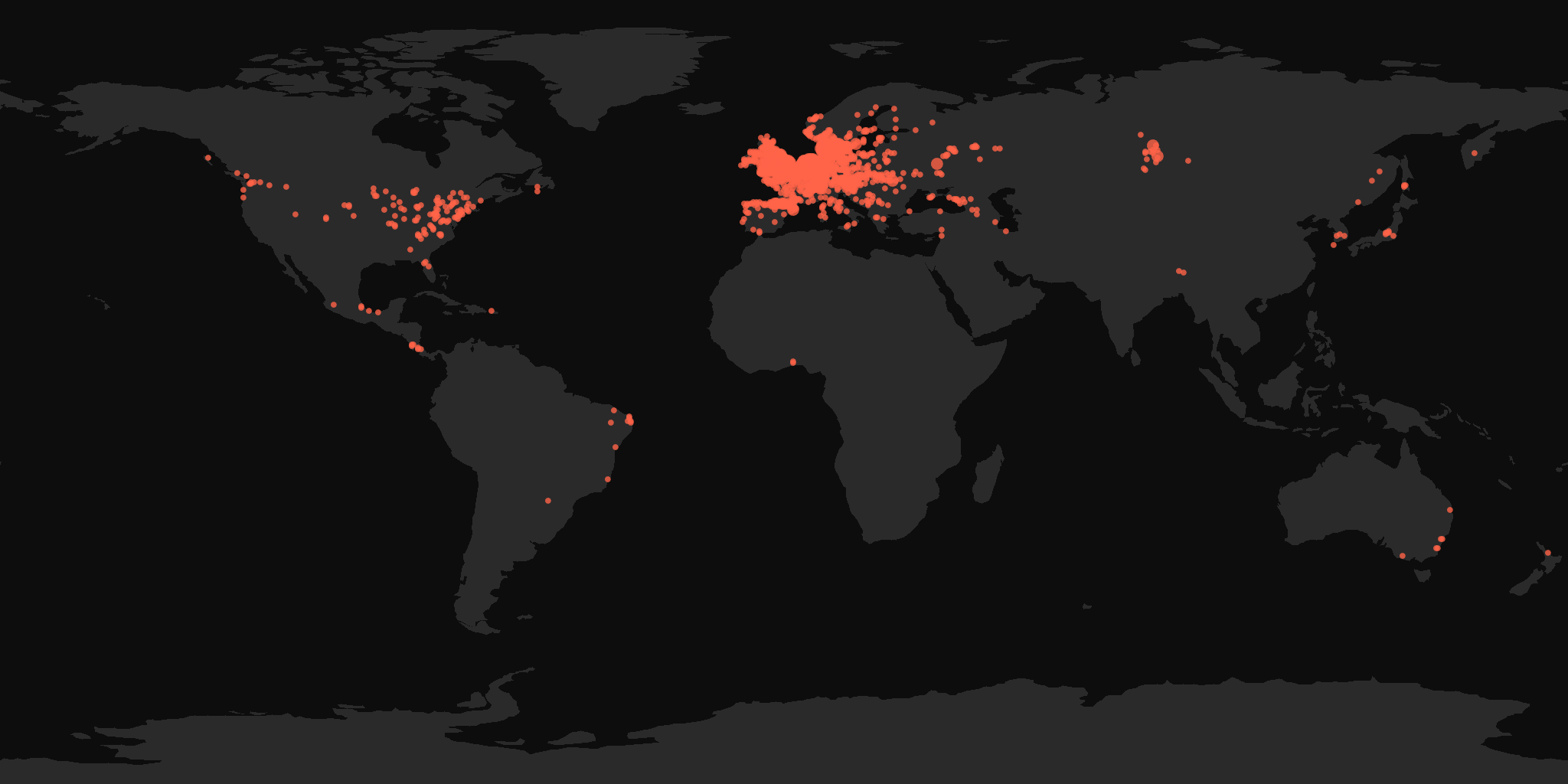 Global distribution map showing reported sightings