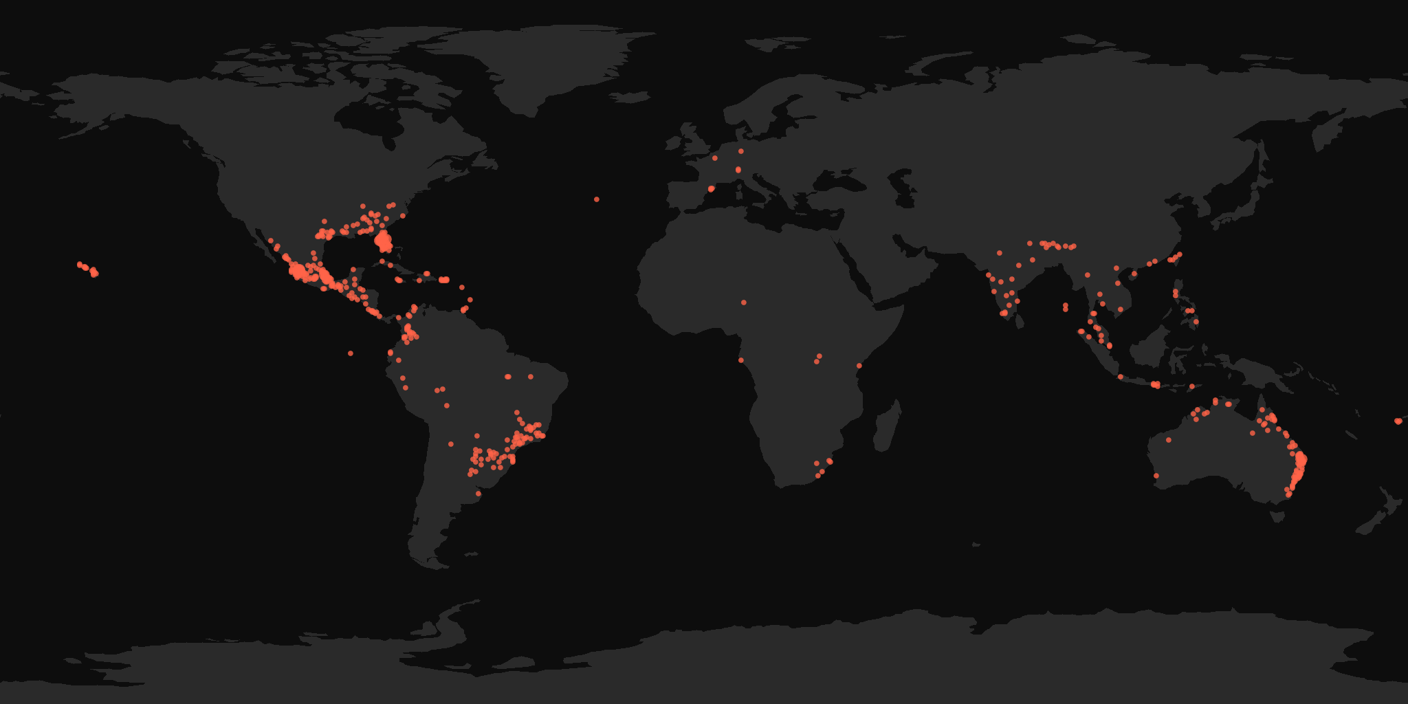 Global distribution map showing reported sightings