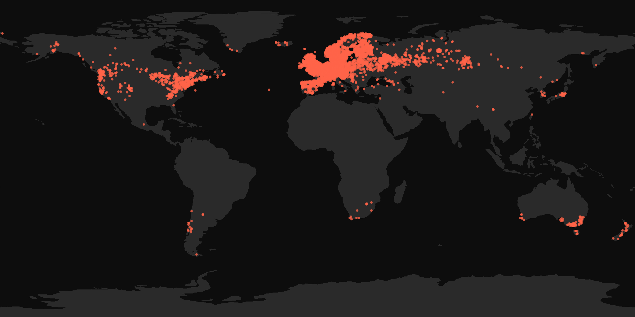 Global distribution map showing reported sightings