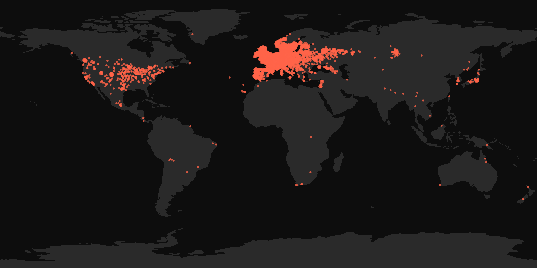 Global distribution map showing reported sightings