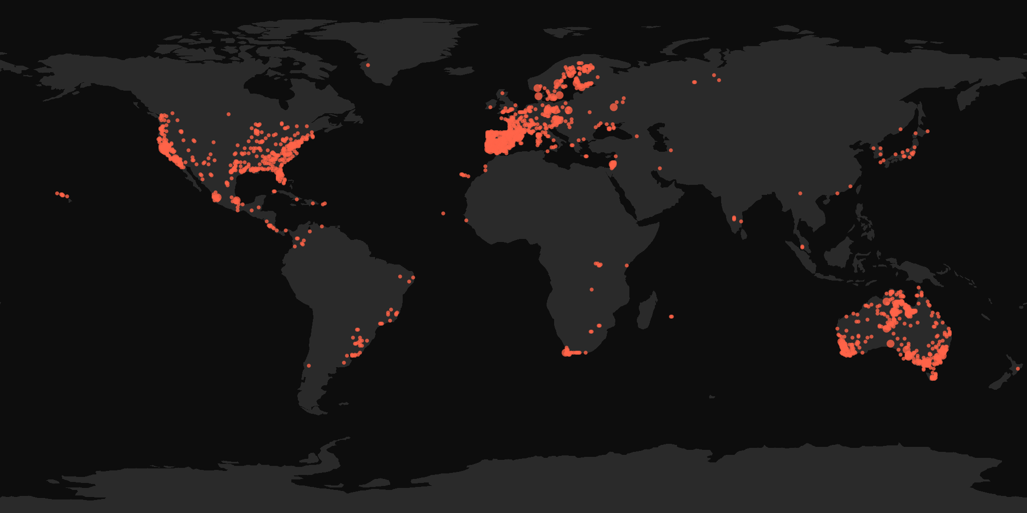 Global distribution map showing reported sightings