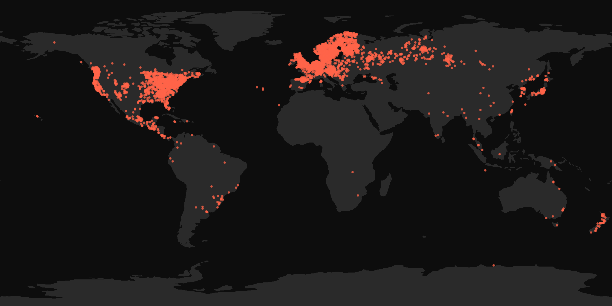 Global distribution map showing reported sightings