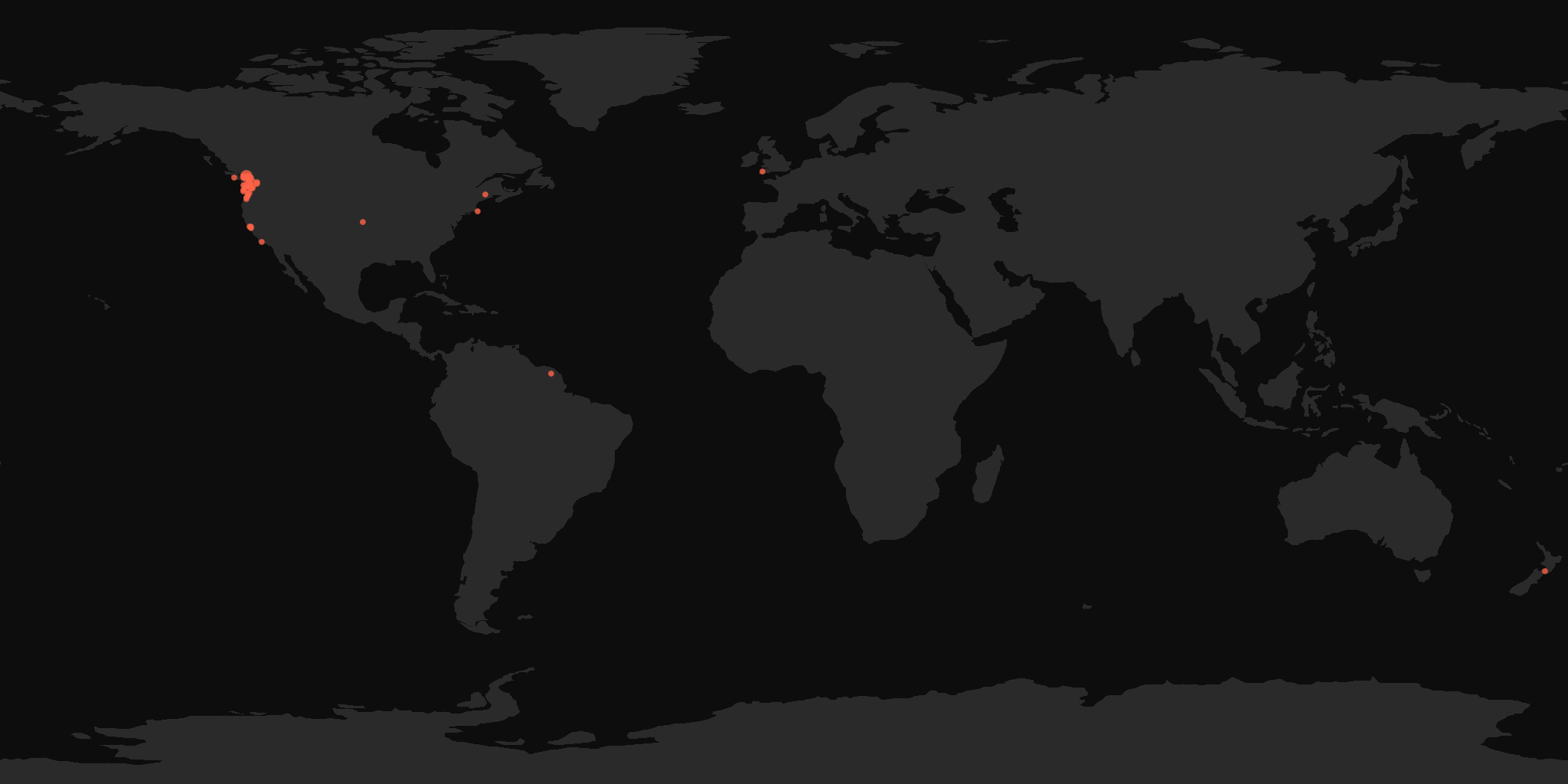 Global distribution map showing reported sightings