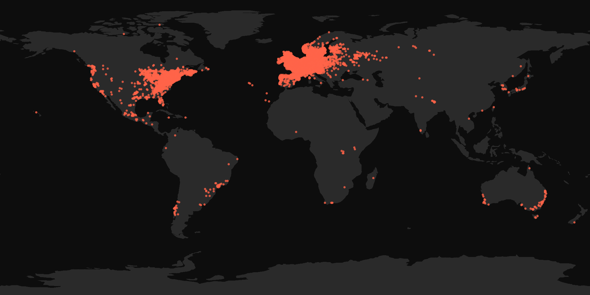 Global distribution map showing reported sightings