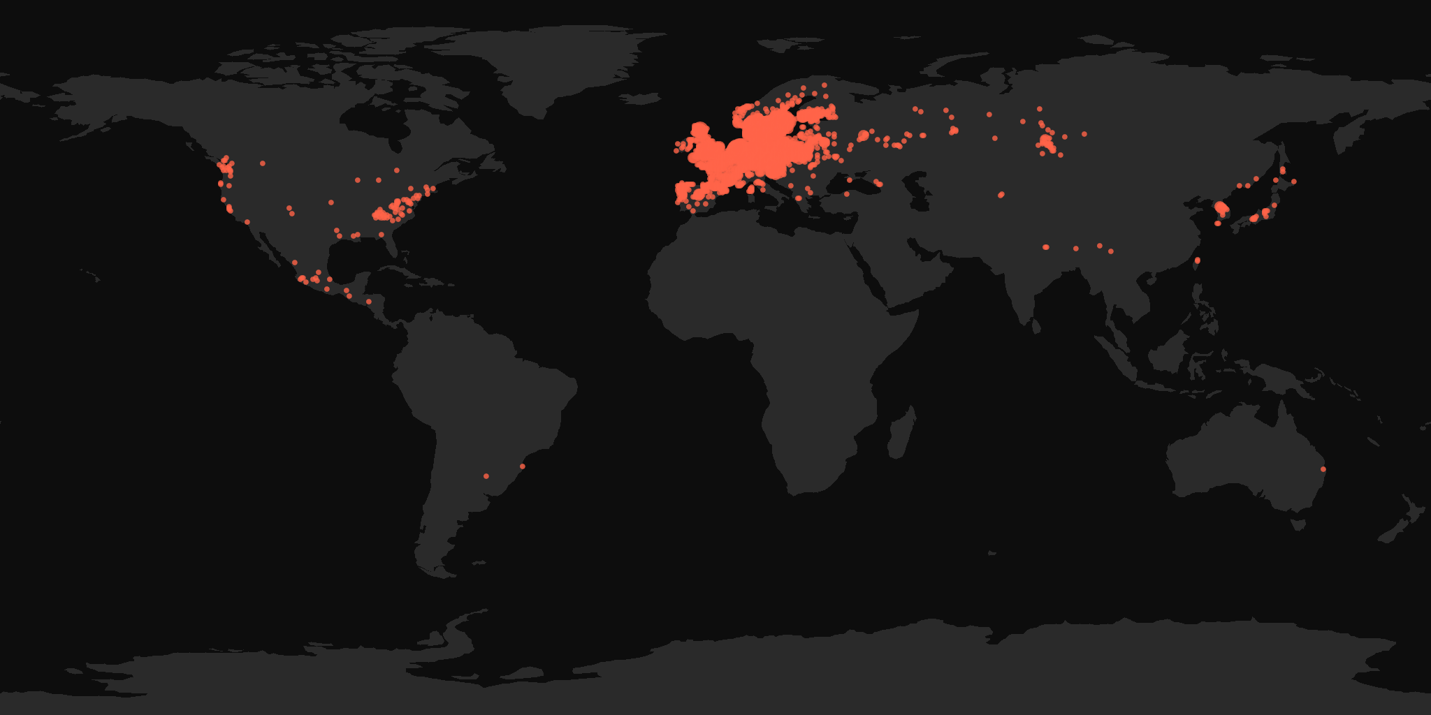 Global distribution map showing reported sightings