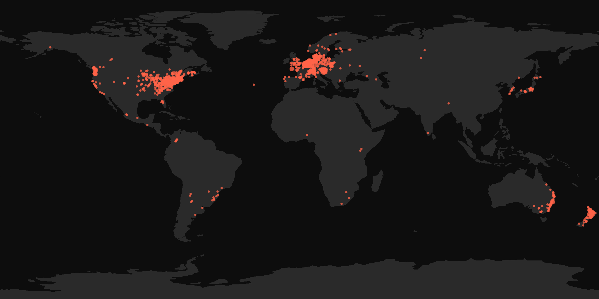 Global distribution map showing reported sightings