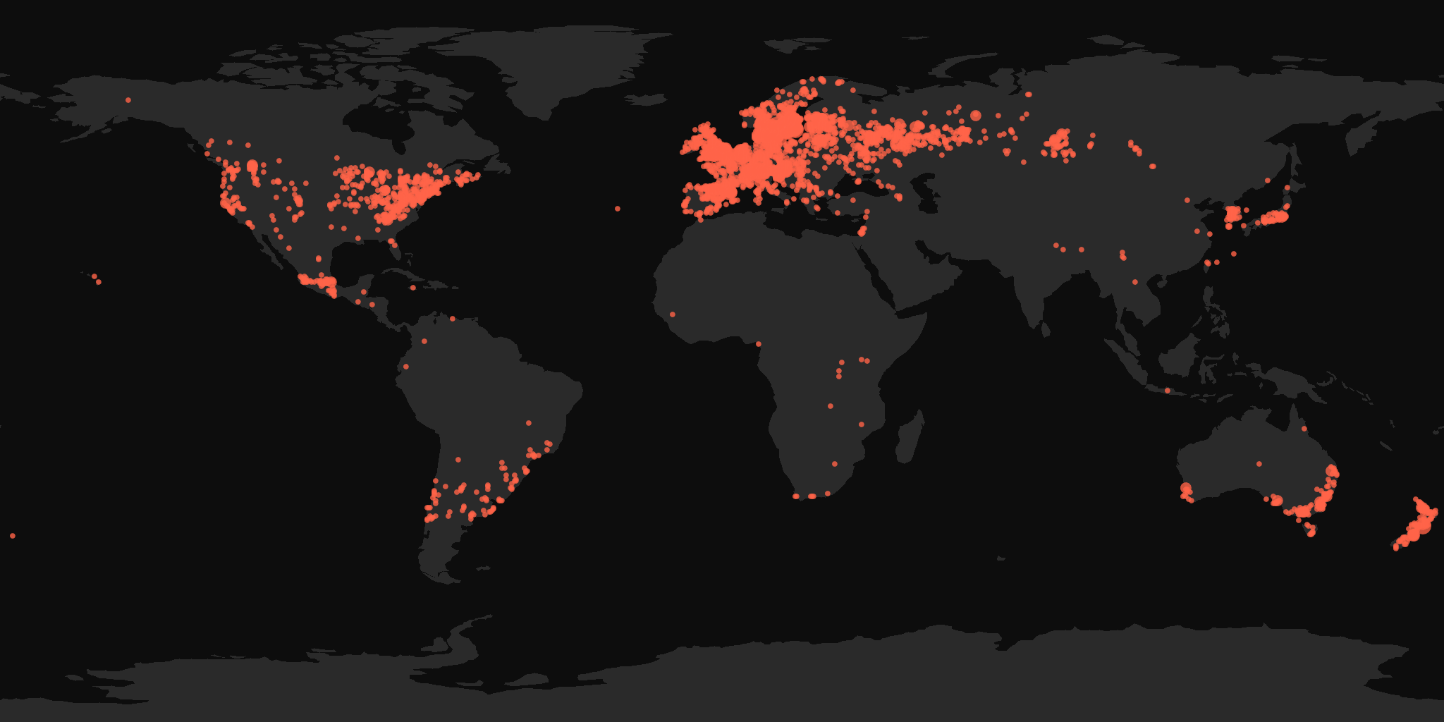 Global distribution map showing reported sightings
