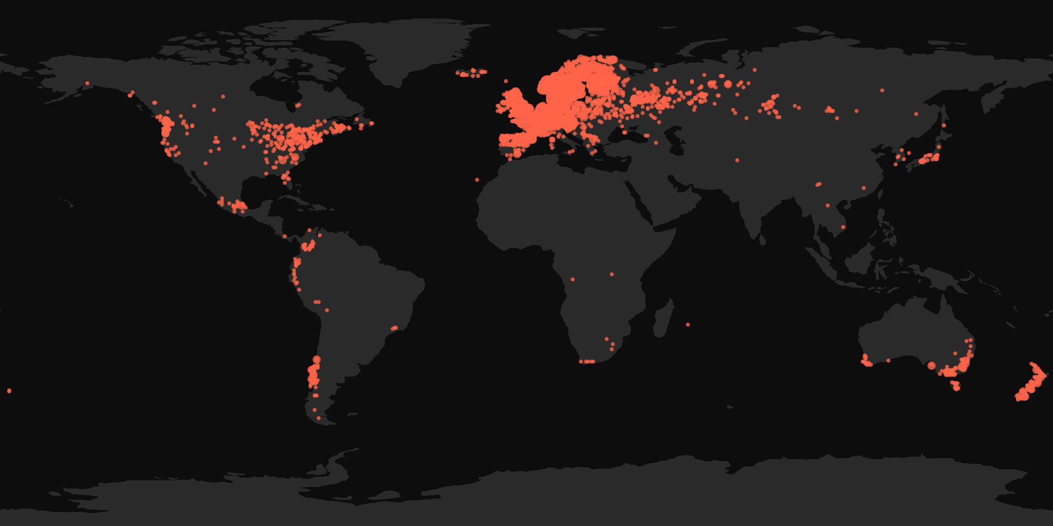 Global distribution map showing reported sightings