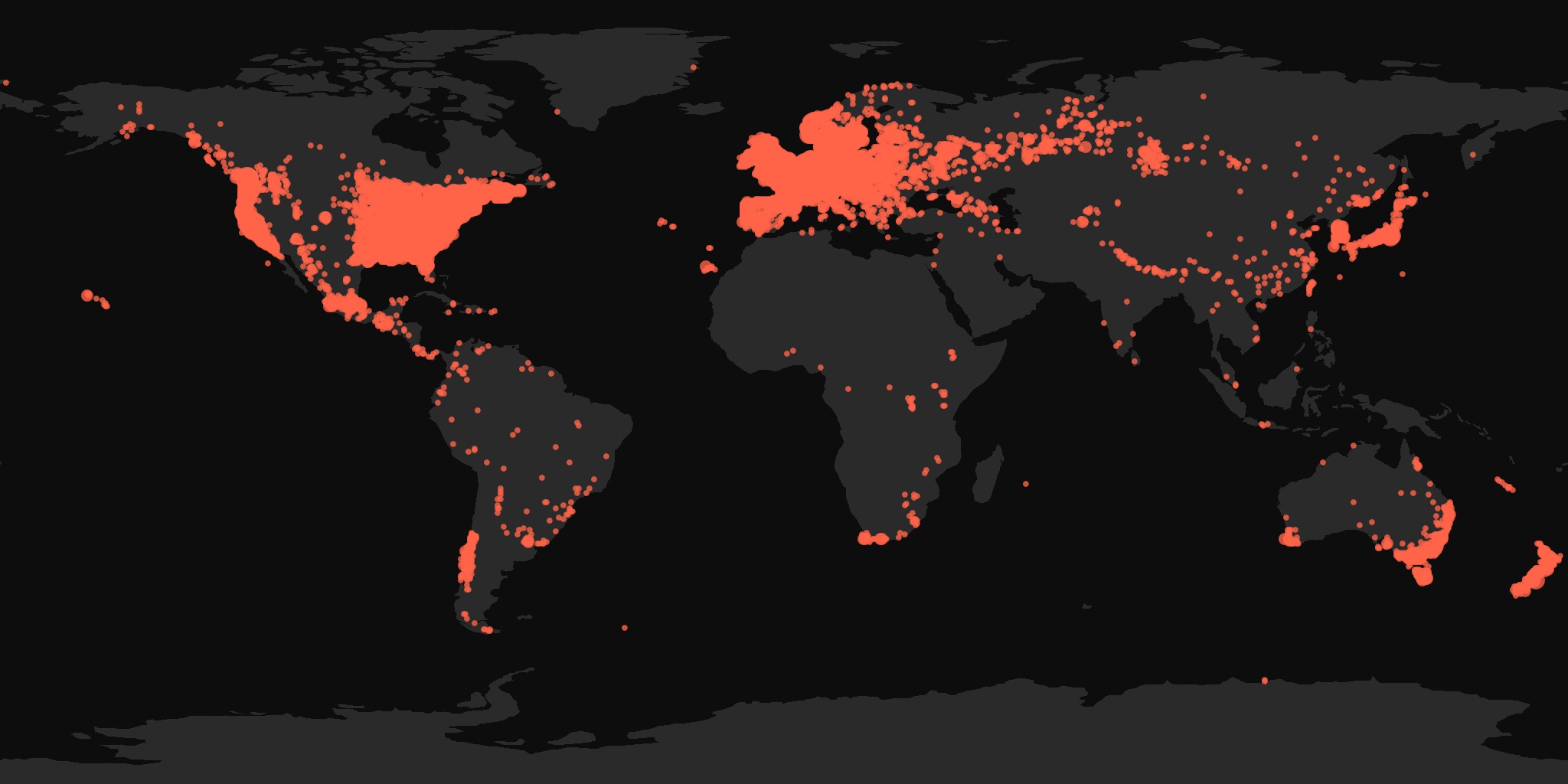 Global distribution map showing reported sightings
