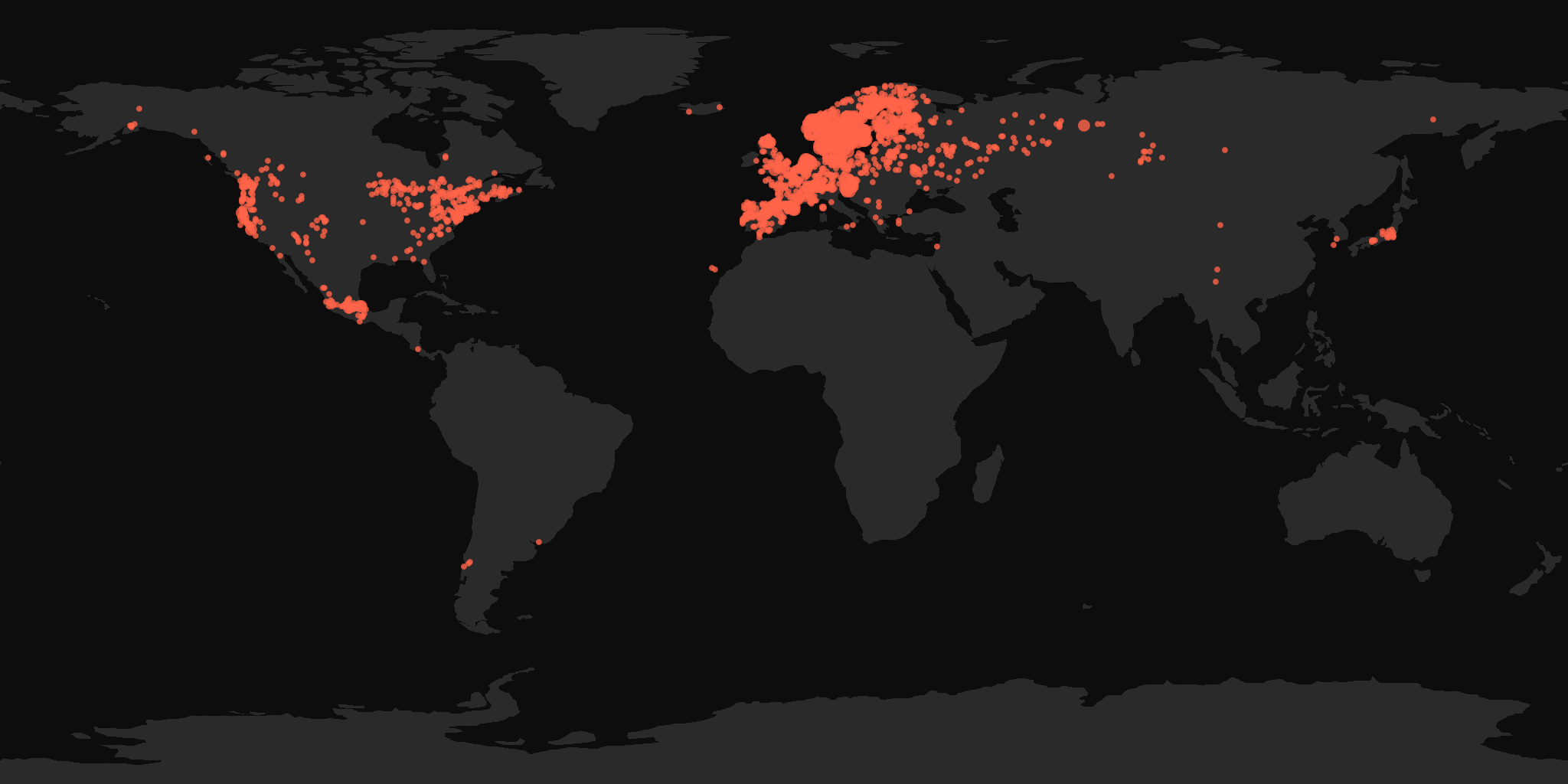 Global distribution map showing reported sightings