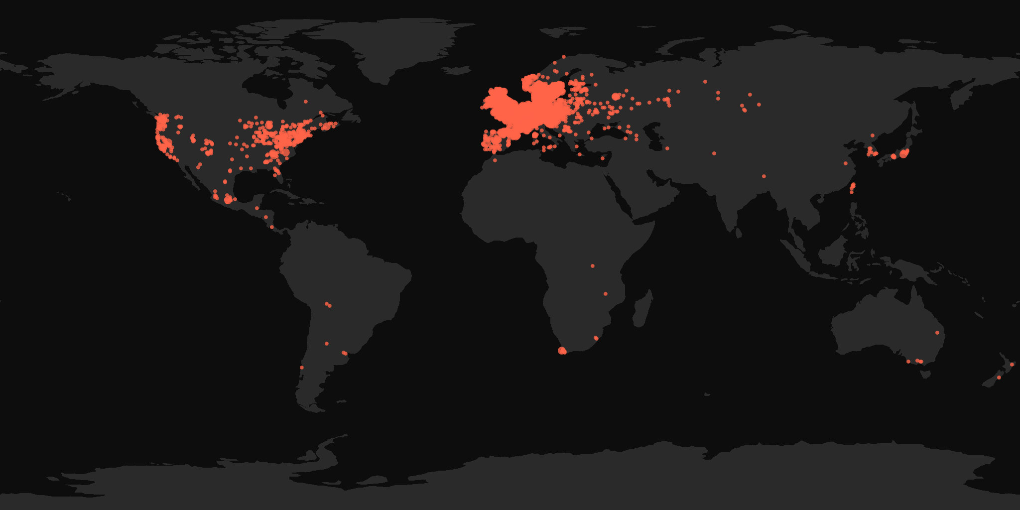 Global distribution map showing reported sightings